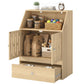 Light wood pet feeding cabinet with open side doors, storage cubbies, and two metal bowls