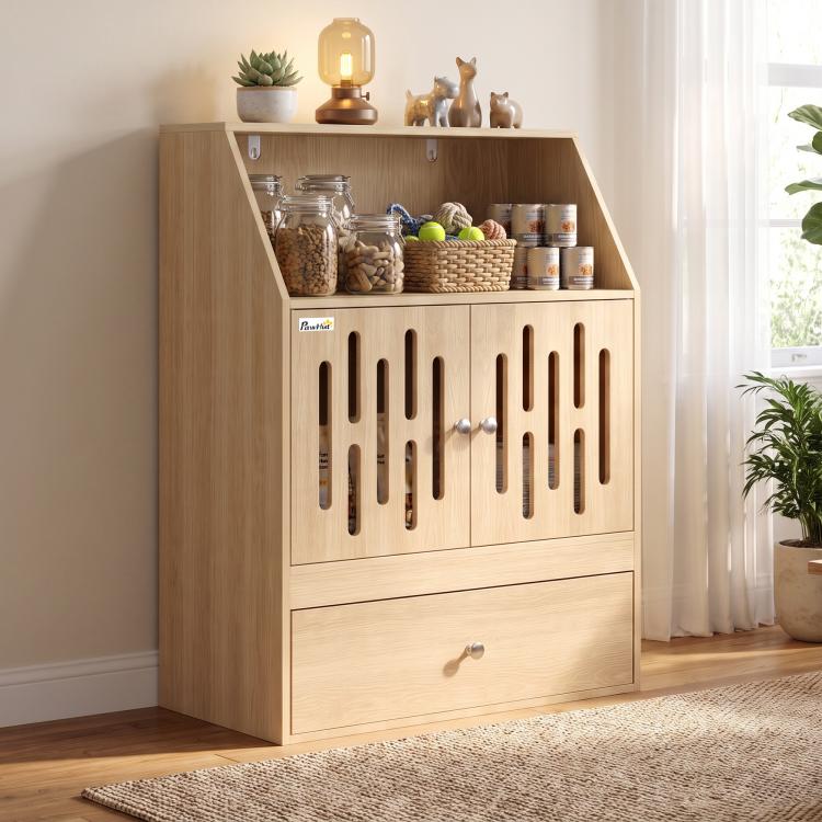 Wood pet feeding station cabinet with open top storage and front door cutouts