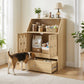 Light wood pet feeding cabinet with open shelves, side doors, and two elevated bowls