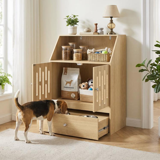 Light wood pet feeding cabinet with open shelves, side doors, and two elevated bowls