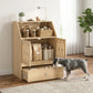 Light wood pet feeding cabinet with open doors, lower drawer, and two elevated metal bowls