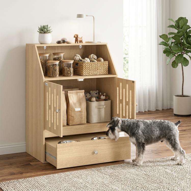 Light wood pet feeding cabinet with open doors, lower drawer, and two elevated metal bowls
