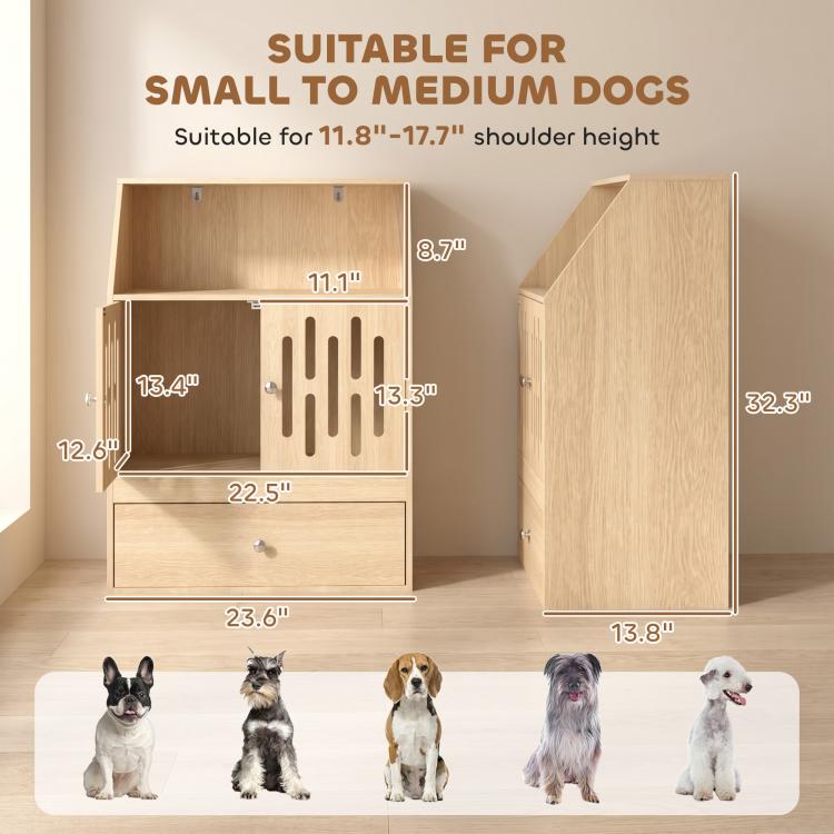 Pet feeding cabinet size chart with cabinet dimensions and suitable shoulder-height range