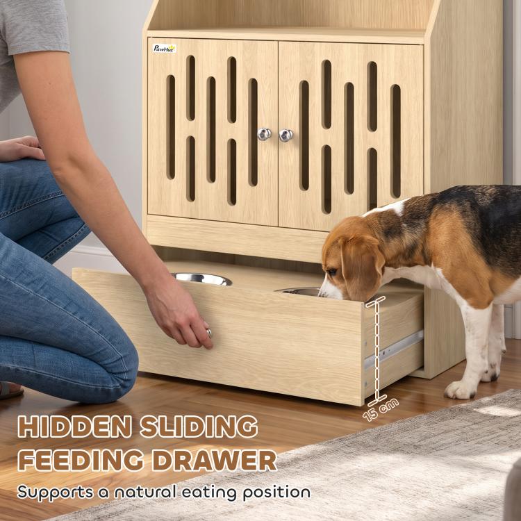 Wood pet feeding cabinet with hidden sliding feeding drawer and two metal bowls