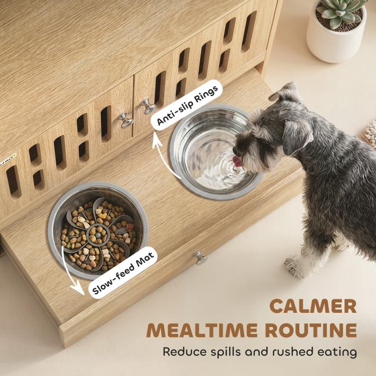 Wood pet feeding cabinet with anti-slip bowl rings and slow-feed mat for elevated bowls
