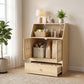 Light wood pet feeding cabinet with open storage compartments and two elevated metal bowls