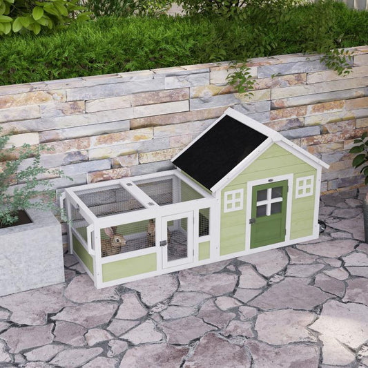 Green rabbit hutch on wheels with wire enclosure and black asphalt-style roof