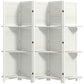 White 5-panel folding room divider with slatted panels and open shelving compartments.