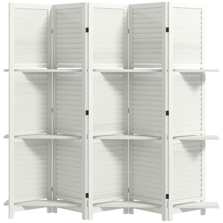White 5-panel folding room divider with slatted panels and open shelving compartments.