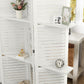 White folding wood privacy screen with shelves and side storage