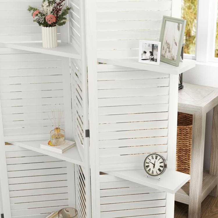 White folding wood privacy screen with shelves and side storage
