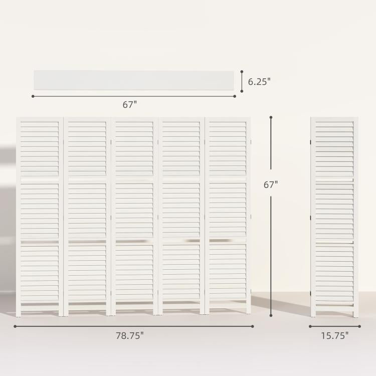 White 5-panel room divider dimensions, tall privacy screen with folding side panels.