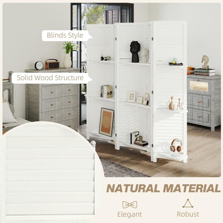 White wood privacy screen divider with slatted panels and built-in shelves on either side.