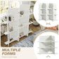 White folding privacy screen with open shelves, showing different panel configurations.