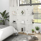 White 5-panel privacy screen room divider with shelves and storage niches near a window.
