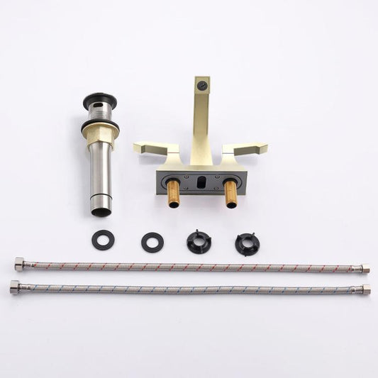 Two-handle deck-mount faucet kit in brushed gold with pop-up drain parts and supply lines