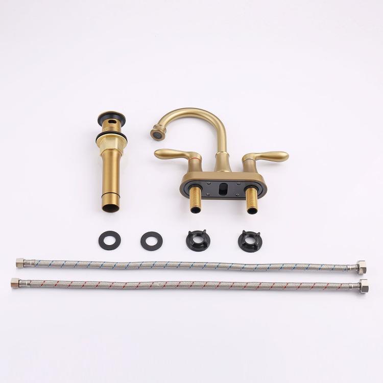Brushed gold centerset bathroom faucet parts with supply hoses and mounting hardware