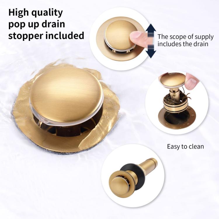 Brushed gold pop-up drain stopper and included supply hoses and parts