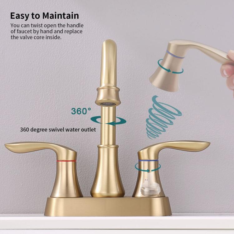 Brushed gold 2-handle faucet with high-arc spout and 360-degree swivel outlet