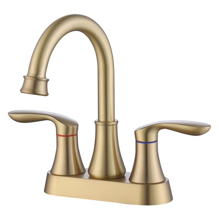 Brushed gold 3-hole bathroom faucet with high-arc swivel spout and two handles