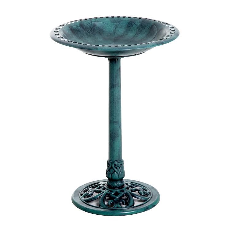 Outdoor resin bird bath with teal-green round bowl and decorative pedestal stand