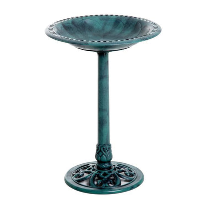 Outdoor resin bird bath with teal-green round bowl and decorative pedestal stand