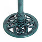 Teal resin bird bath base with fleur-de-lis scrollwork and pedestal