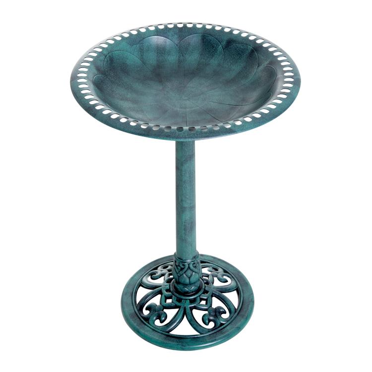 Teal resin bird bath with round scalloped bowl and fleur-de-lis pedestal