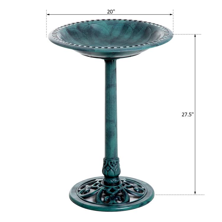 Teal-green resin bird bath with fluted round bowl and ornate pedestal base