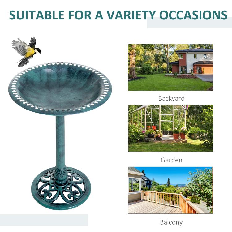 Teal-green round bird bath bowl and decorative pedestal base on tall stand