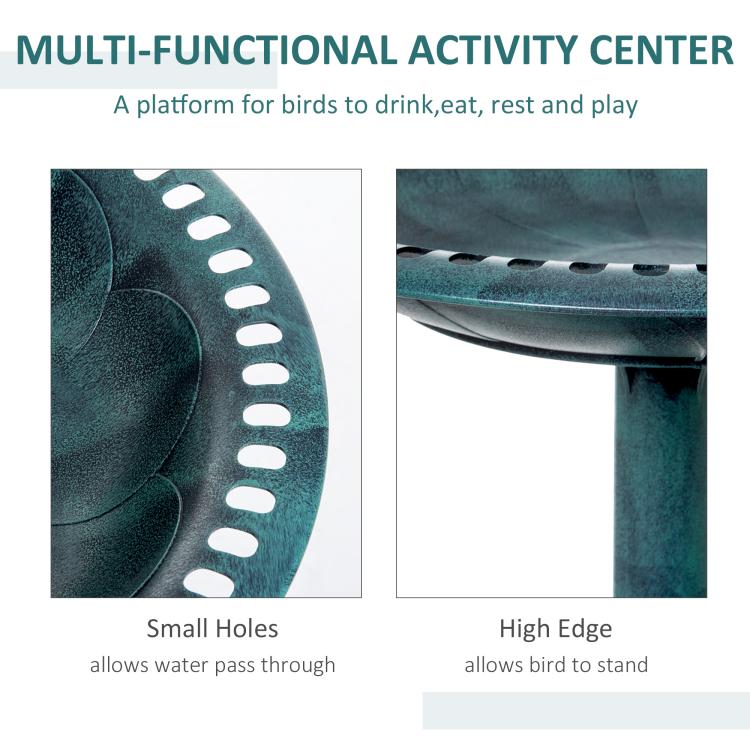 Teal-green bird bath bowl with evenly spaced drain holes and raised rim