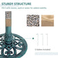 Teal-green decorative pedestal base for bird bath with scrolling medallion