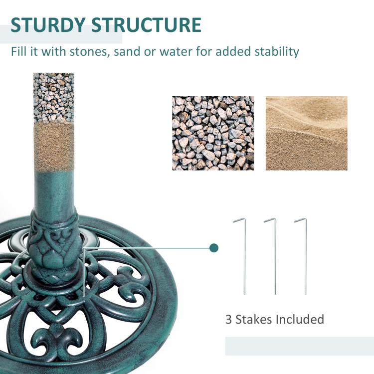 Teal-green decorative pedestal base for bird bath with scrolling medallion