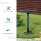 Teal-green outdoor bird bath with ornate base standing on yard
