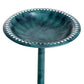 Teal-green round bird bath bowl with white drain holes along the rim