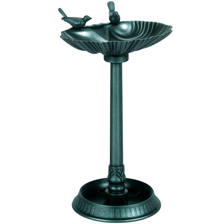 Verdigris bird bath with two perched bird figurines on a tall pedestal stand