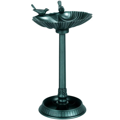 Verdigris bird bath with two perched bird figurines on a tall pedestal stand