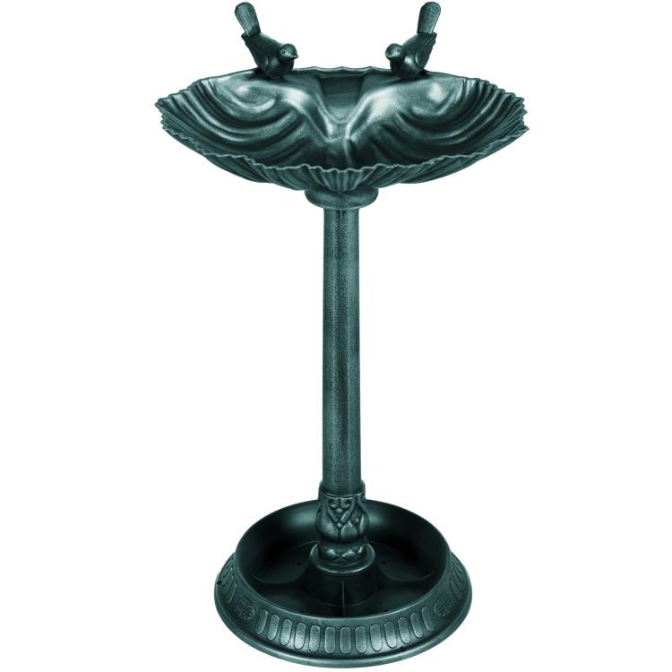 Verdigris bird bath pedestal with two small bird figurines above a scalloped basin