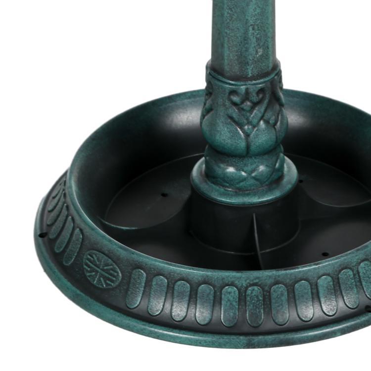 Verdigris green decorative bird bath bowl with pedestal, close-up detail