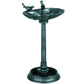 Verdigris green outdoor bird bath with pedestal and bird statue accents