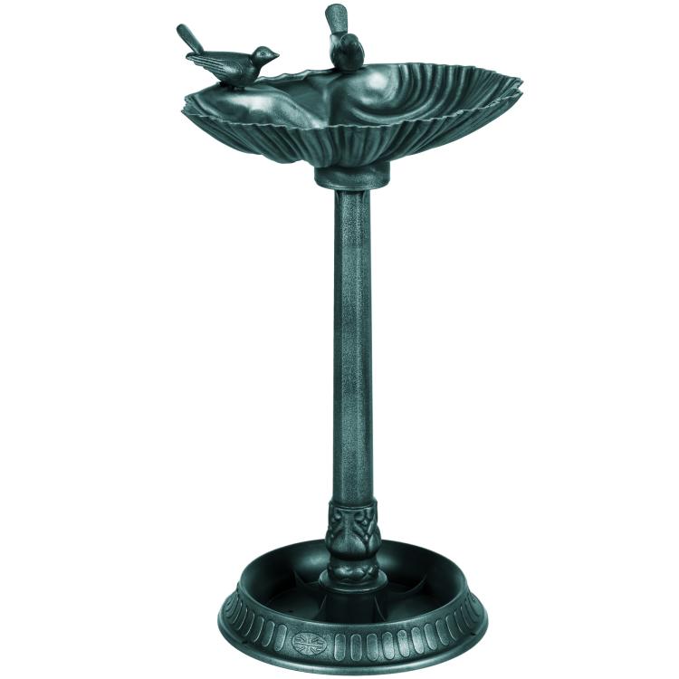 Verdigris green outdoor bird bath with pedestal and bird statue accents