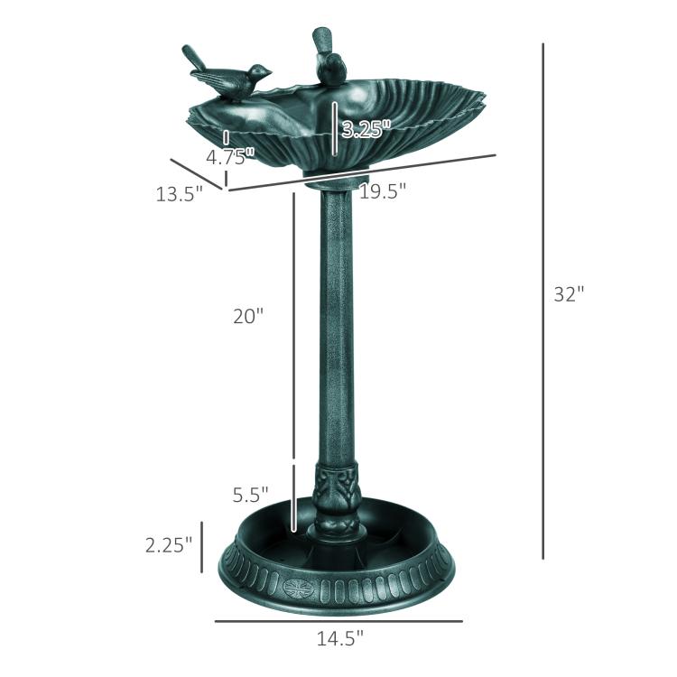 Verdigris bird bath pedestal with basin dimensions, 32 in tall