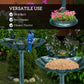 Verdigris bird bath and bird feeder pedestal with seeds tray and perched birds