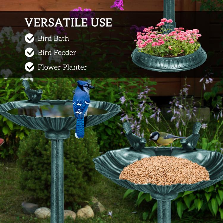 Verdigris bird bath and bird feeder pedestal with seeds tray and perched birds