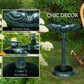 Verdigris outdoor bird bath pedestal with shell-style basin and bird figurines