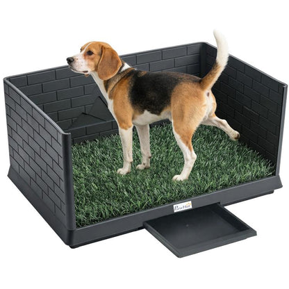 Dog grass potty tray with high walls and removable tray, with dog standing on turf