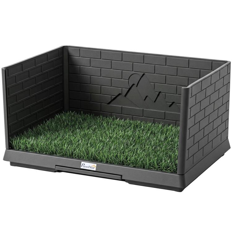 Indoor dog potty tray with artificial grass, high side walls, and included pull-out tray