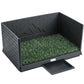 Black faux-brick high-wall potty pad with artificial grass and front waste tray, PawHut