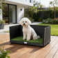 Dog potty training grass pad with high walls and sliding tray, outdoors with small dog