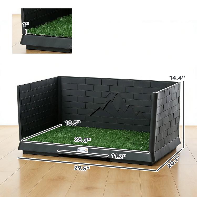 Dog grass training pad with tall walls and drainage tray, front view with turf inside